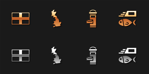 Set Flag of England, map, London mail box and Fish chips icon. Vector