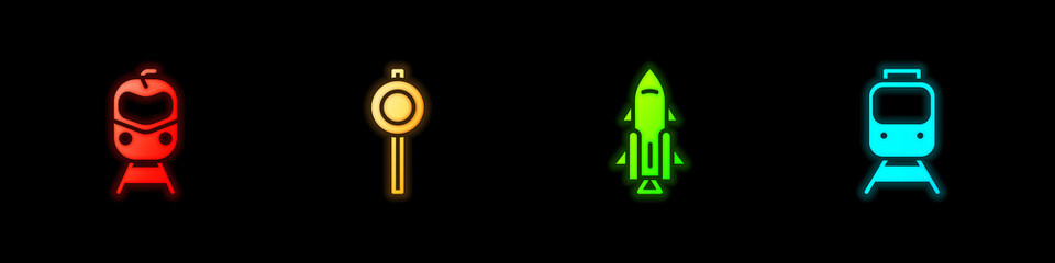 Fototapeta premium Set Train and railway, Road traffic signpost, Rocket ship with fire and icon. Vector