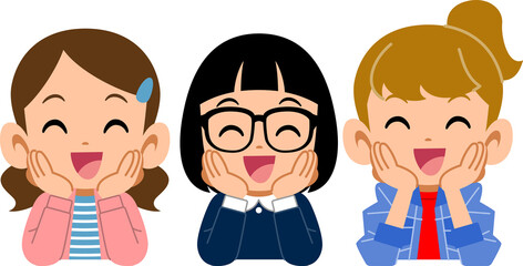 笑顔で頬杖をつく三人の女の子
