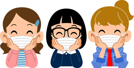マスクを着けて笑顔で頬杖をつく三人の女の子
