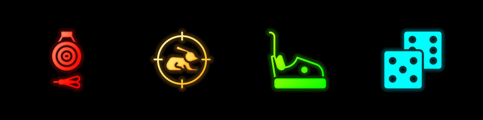 Set Classic dart board and arrow, Hunt on rabbit with crosshairs, Bumper car and Game dice icon. Vector