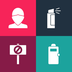 Set pop art Police assault shield, Protest, Pepper spray and Vandal icon. Vector