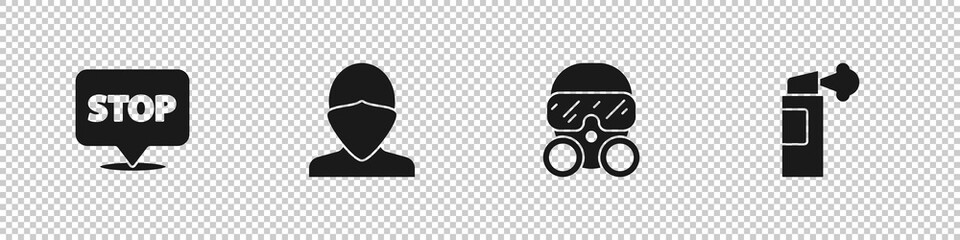 Set Protest, Vandal, Gas mask and Pepper spray icon. Vector