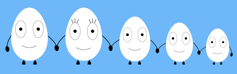 Happy Easter banner. Cute family of white eggs on blue background. Creative design. For web, greeting card, flier, poster, invitation