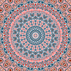 Mandala.Blue and coral kaleidoscopic pattern.