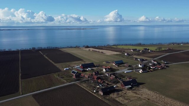 Drone flight over town jonkoping with view on lake Sweden