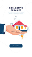 Real estate agency banner. Broker's hand giving house keys for home purchase. Deal sale, property purchase, real estate agency servise concept concept for website design. Flat vector illustration