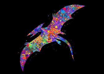 Pterodactyl dinosaur watercolor art with black background, abstract animal painting. kids dinosaur art print, watercolor illustration rainbow, colorful, decoration wall art. © Yahya Art