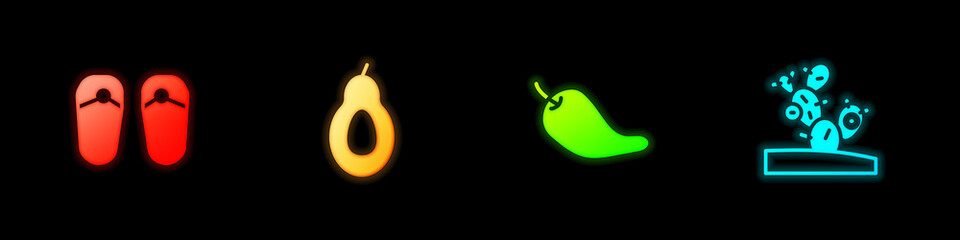 Set Flip flops, Avocado, Hot chili pepper pod and Cactus icon. Vector