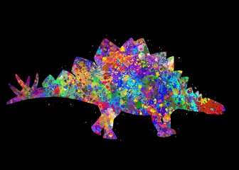 Stegosaurus dinosaur watercolor art with black background, abstract animal painting. kids dinosaur art print, watercolor illustration rainbow, colorful, decoration wall art. © Yahya Art