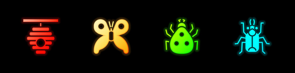Set Hive for bees, Butterfly, Ladybug and Beetle icon. Vector