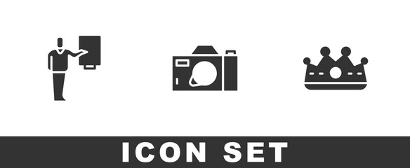 Set Museum guide, Photo camera and King crown icon. Vector