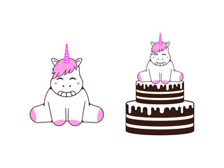 Cute unicorn on the cake. The illustration is suitable for a postcard. Isolated vector image in eps format.