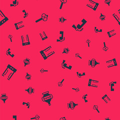 Set Ancient amphorae, Stone age hammer, Metal detector and Fire extinguisher on seamless pattern. Vector