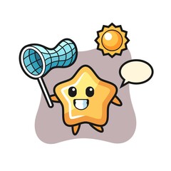 star mascot illustration is catching butterfly