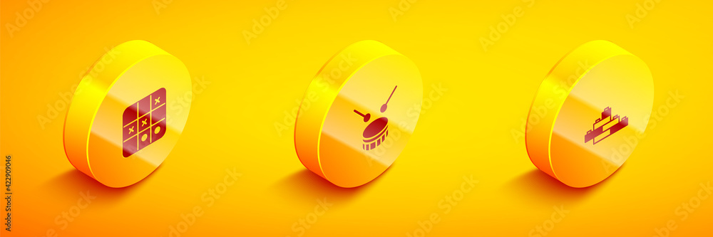 Poster set isometric tic tac toe game, drum with drum sticks and toy building block bricks icon. vector