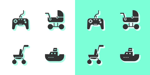 Set Toy boat, Gamepad, Baby stroller and icon. Vector
