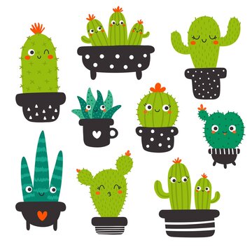 kawaii vector cactus set without eyes for kids