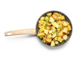 Frying pan with tasty potato on white background