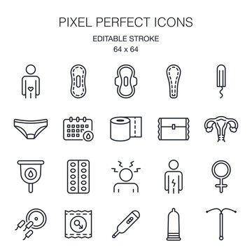 Menstrual cycle and contraception related editable stroke outline icons set isolated on white background vector illustration. Pixel perfect. 64 x 64.