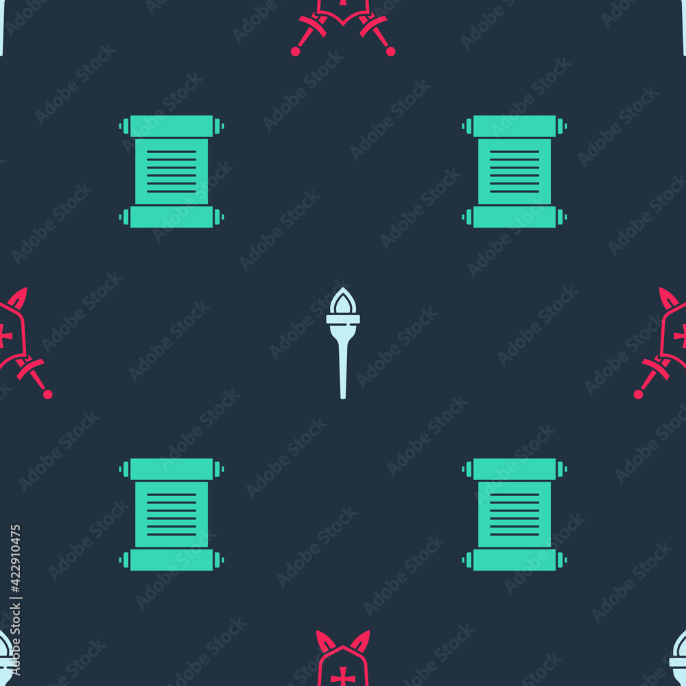 Poster set medieval shield with swords, torch flame and decree, parchment, scroll on seamless pattern. vect