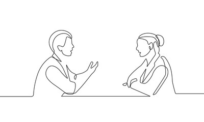 Two Women Talking Trendy Line Art Drawing. Couple Talking Minimalistic Black Lines Drawing on White Background. Continuous One Line Abstract Drawing. Peoples Modern Design. Vector EPS 10
