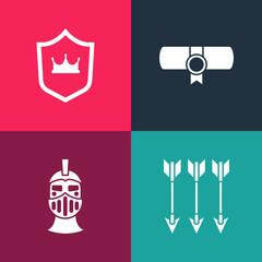 Set pop art Crossed arrows, Medieval iron helmet, Decree, parchment, scroll and Shield with crown icon. Vector