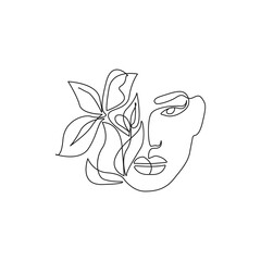 Woman Head with Flowers Line Vector Drawing. Style Template with Female Face with Flowers. Modern Minimalist Simple Linear Style. Beauty Fashion Design