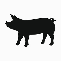 Black silhouette of pig isolated on white background. Vector illustration of domestic animal. Happy pig icon. Symbol of a pig.