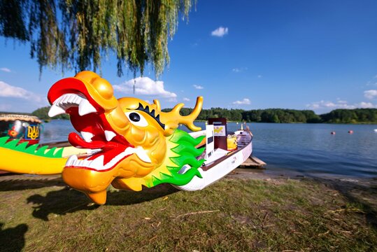 Dragon head on Dragon boat. Chinese dragon boat festival. Traditional Chinese paddled watercraft activity for over 2000 years