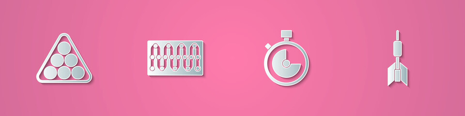 Set paper cut Billiard balls in triangle, Board game, Stopwatch and Dart arrow icon. Paper art style. Vector