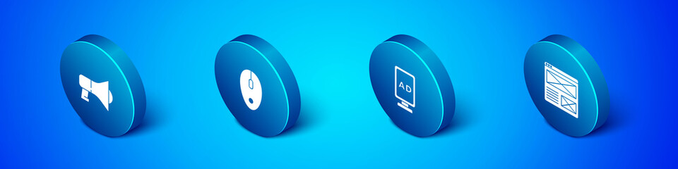 Set Isometric Megaphone, Advertising, Browser window and Computer mouse icon. Vector