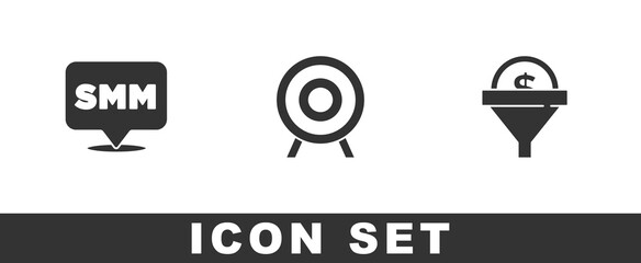 Set Social media marketing, Target sport and Lead management icon. Vector