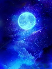 Fototapeta na wymiar Landscape of blue full moon in starry space 