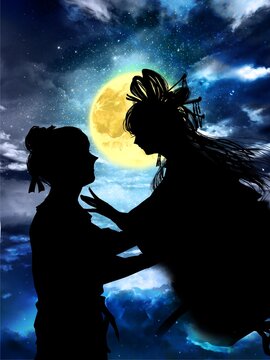 Illustration of the reunion of Orihime and Hikoboshi on the starry night of Tanabata.	
