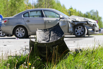 Destroyed car in car crash traffic accident on road