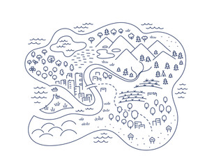 Island locality area map sketch. Isle city and village. Map for board game. Hand drawn vector line. Open paths editable outline.
