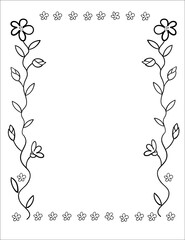 Vector greeting card frame template with flowers. Coloring page.