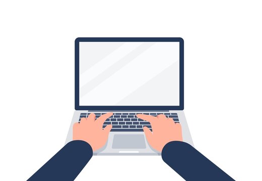 Hands Are Typing On The Laptop Keyboard. Using Digital Laptop. Vector Flat Illustration.