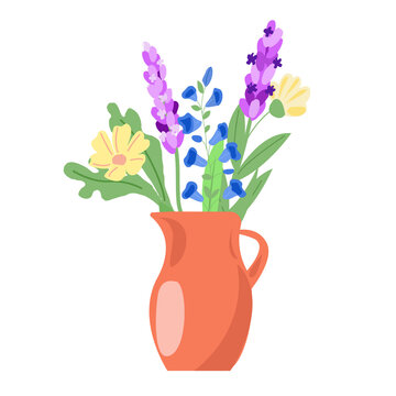 Red jug with lavender and bluebells