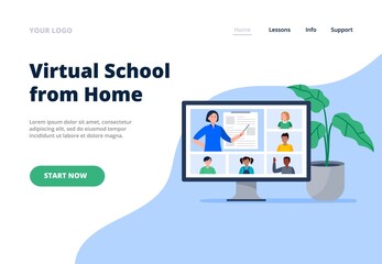 Distance learning at school. Using a digital device for education during an epidemic. Vector flat illustration for a landing page.