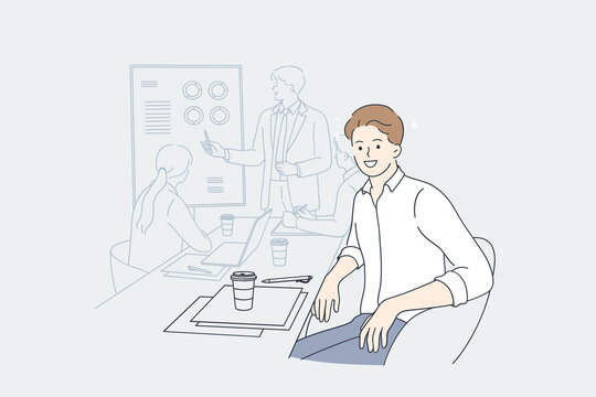 Working in office, presentation, designer concept. Young smiling man designer cartoon character sitting in board room during presentation looking at camera vector illustration 
