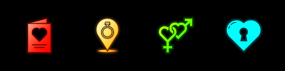 Set Greeting card, Wedding rings, Gender and Heart with keyhole icon. Vector