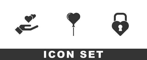 Set Heart in hand, Balloons form of heart and Castle the shape icon. Vector