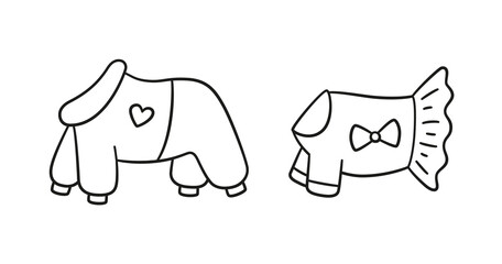 Warm clothes for dogs. Canine jumpsuit and dress. Set isolated hand drawn vector illustration on white background