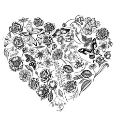 Heart floral design with black and white shepherd s purse, heather, iris japonica, sakura, gypsophila, chamomile, almond, poppy flower, calendula, blue morpho, lemon butterfly, red lacewing, great