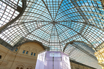 View galleries of the oldest supermarkets in Moscow, State Department Store (GUM) on Red Square. Luxury interior. Life before pandemic COVID-19