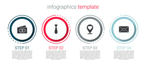Set Greeting card, Tie, Location with heart and Envelope Valentine. Business infographic template. Vector