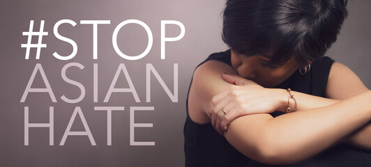 Stop asian hate hashtag, support Asian americans communities, stop hate crimes campaign. A...