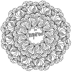 Fototapeta premium Mandala with inspirational phrase Be inspired, meditative zen coloring page with swirls and waves